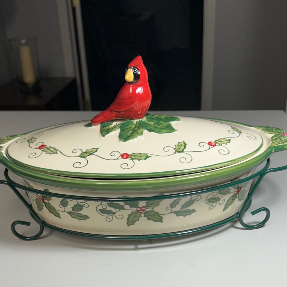 Temptations Cardinal Holiday Casserole Dish Set with Holly and Berry Accents - Picture 3 of 13